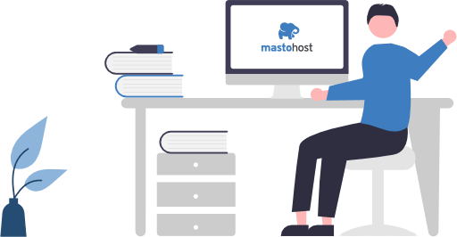 Illustration of a person sitting by a computer with the masto.host logo on screen, on the desk are a pile of books.