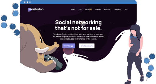 Screenshot of the Mastodon website (https://joinmastodon.org/) set within an illustration frame, with a person walking by looking at their phone.
