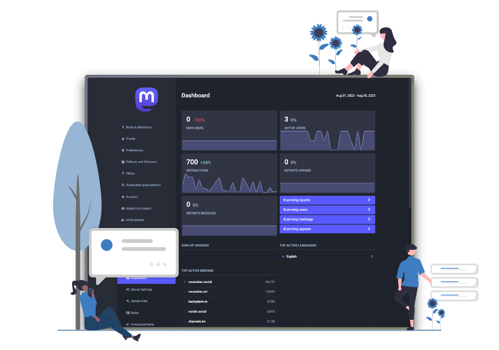 Dashboard screenshot of the Mastodon Admin panel, surrounded with illustrations of people and chat bubbles.