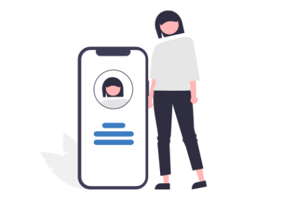 Illustration of a person standing next to an oversized phone. On the phone is a profile picture, which matches the person standing.