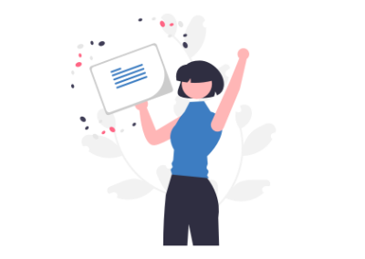 Illustration of a person holding some paper with text on it, with celebratory effects around