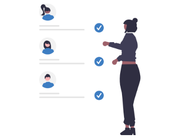 Illustration of a person standing looking at a list of profile photos with check marks next to them